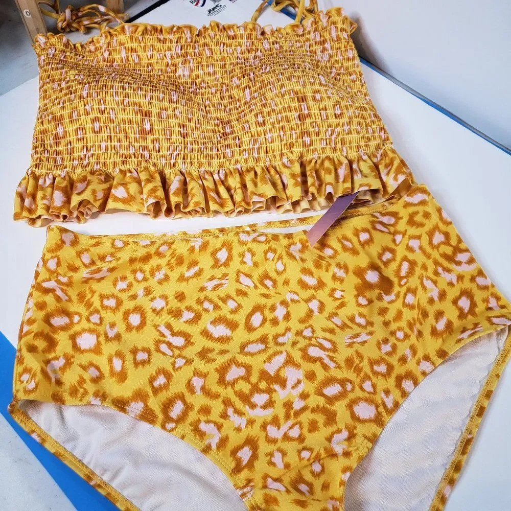 NEW Mollybelle Yellow Leopard Print High Waist Swimsuit XL Tankini 2 Piece